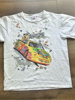 Vintage Jerzees White Cartoon Network Yellow Racing Car Kids Tee
